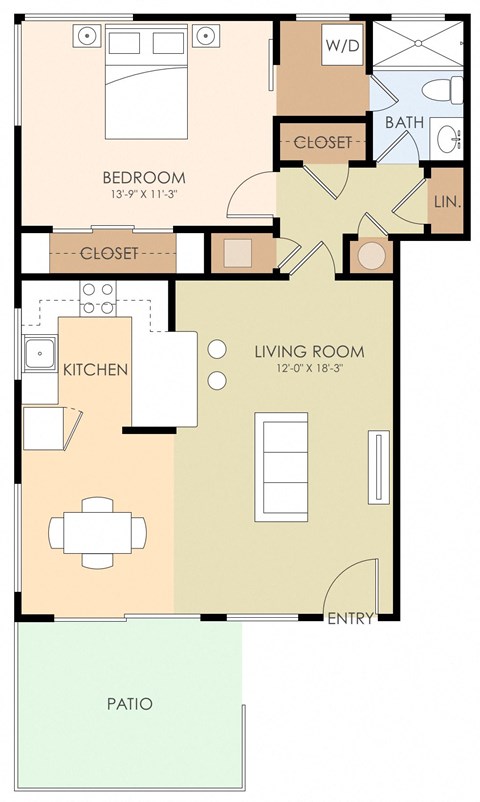 Floor plan for 1 bed, 1 bath, 700 sqft